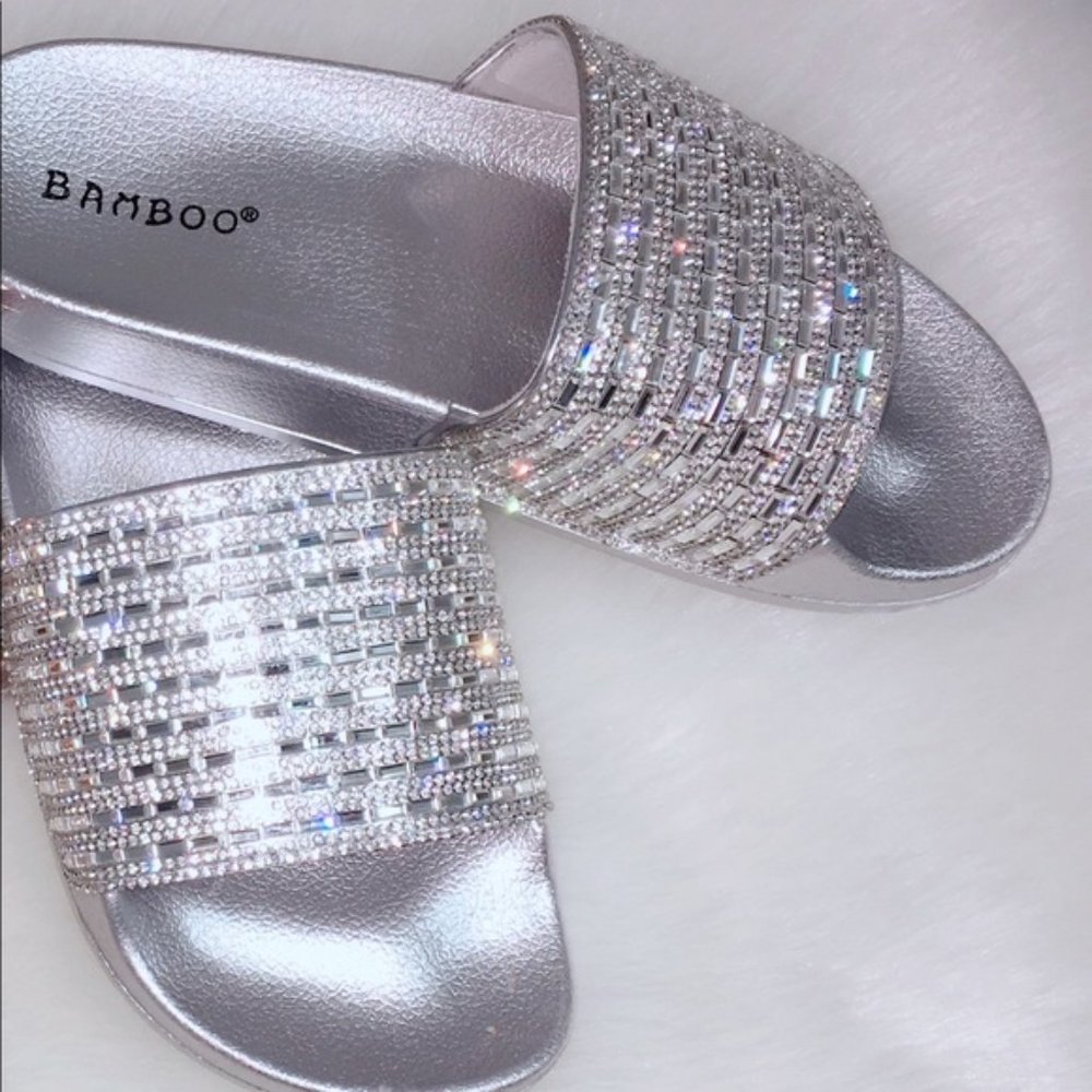Silver Rhinestone Crystal Mirror Slides Sandals Metallic Sandals - Picture 3 of 3